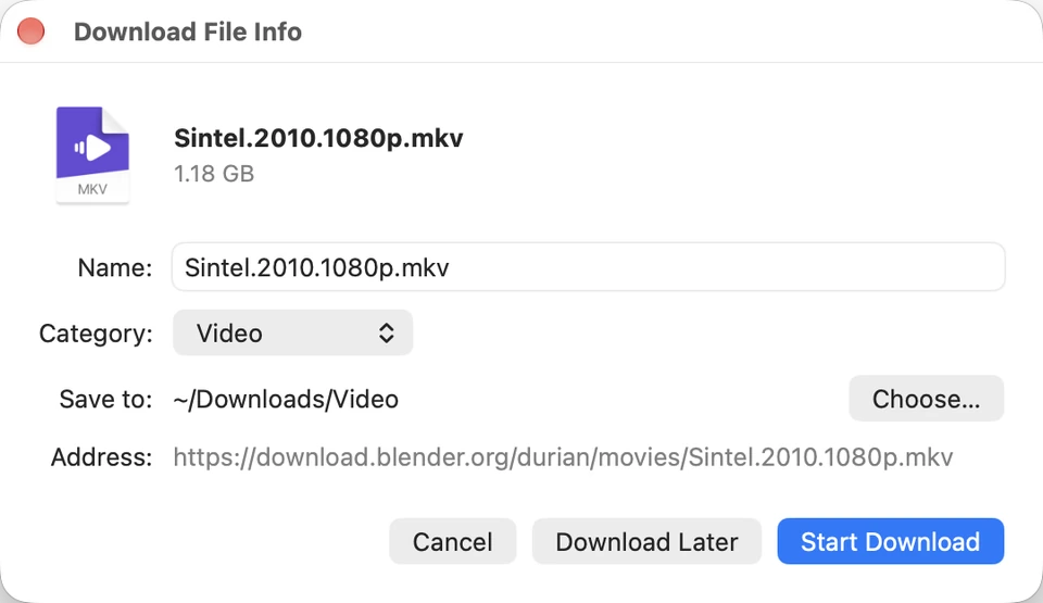 The Download File Info dialog with name, category, folder and address