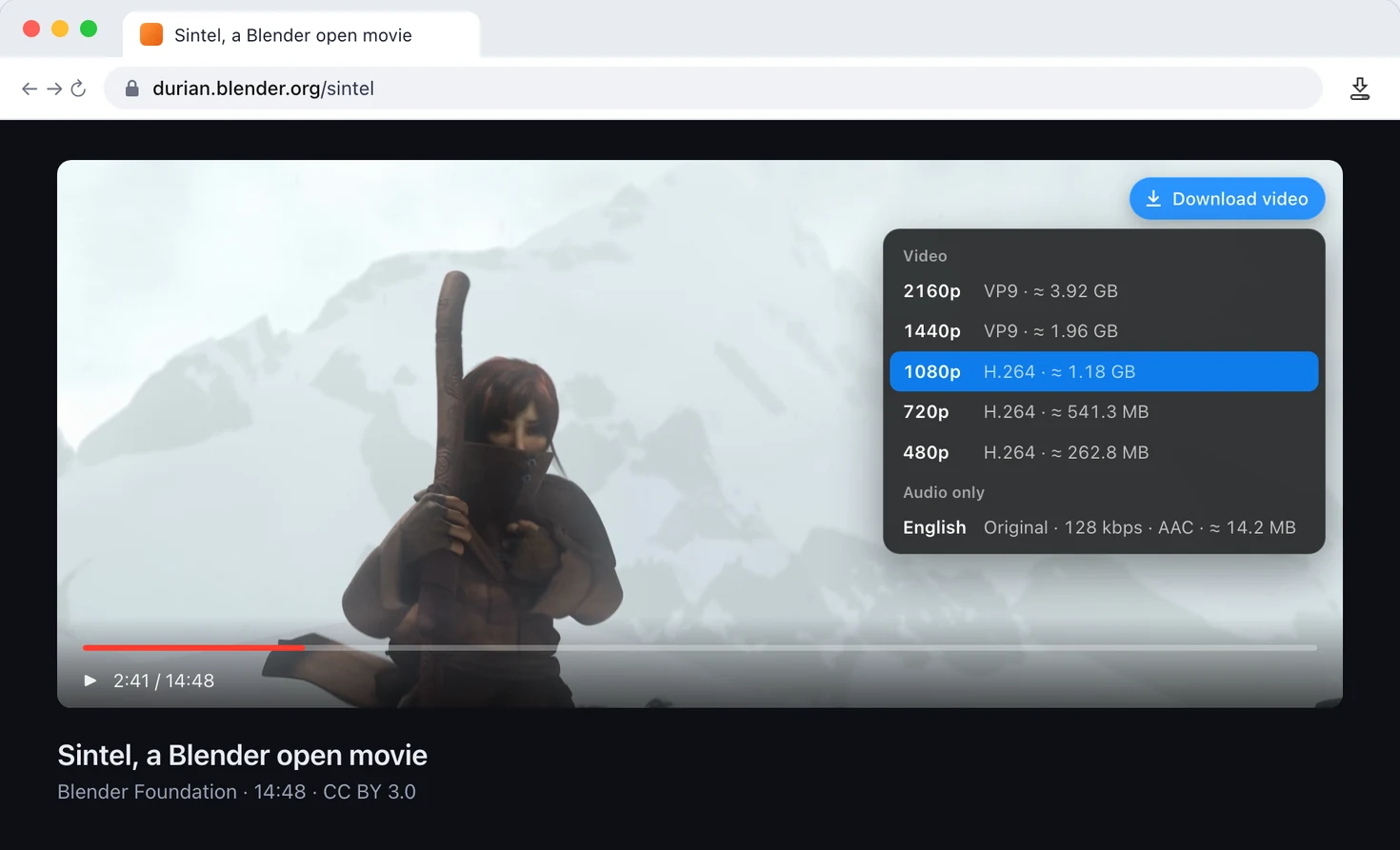 The Download video menu over a playing video, offering 2160p down to 480p and an English audio track